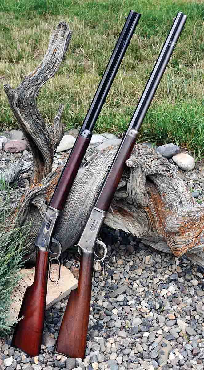 Replicas of vintage sporting rifles are widely available. At left is the new Cimarron Model 1894 and at right is Mike’s 1897 vintage Model 1894. Both are .38-55s.